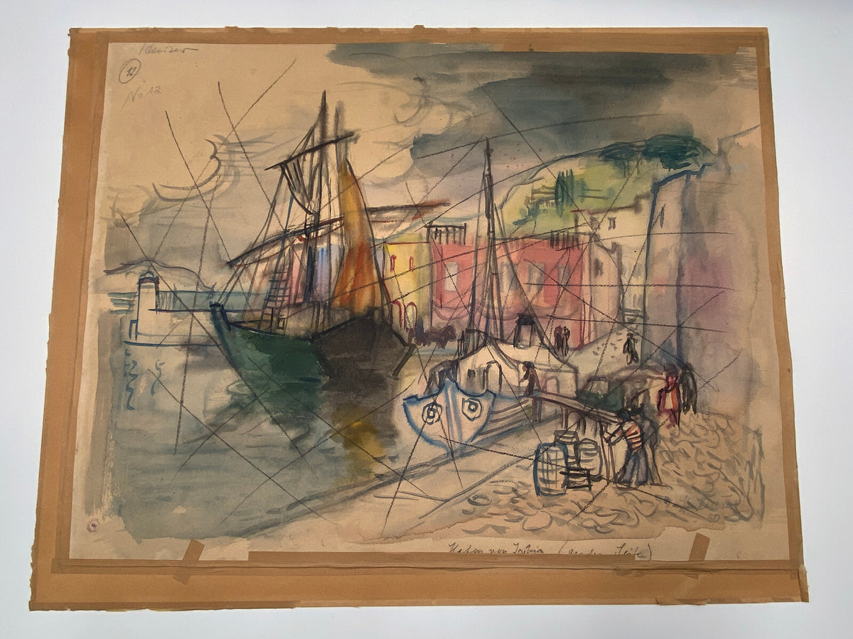 * STUDIE ENTWURF AQUARELL HEINRICH HEUSER 1887-1967 HAFEN VON ISCHIAS CAPRI ITA
