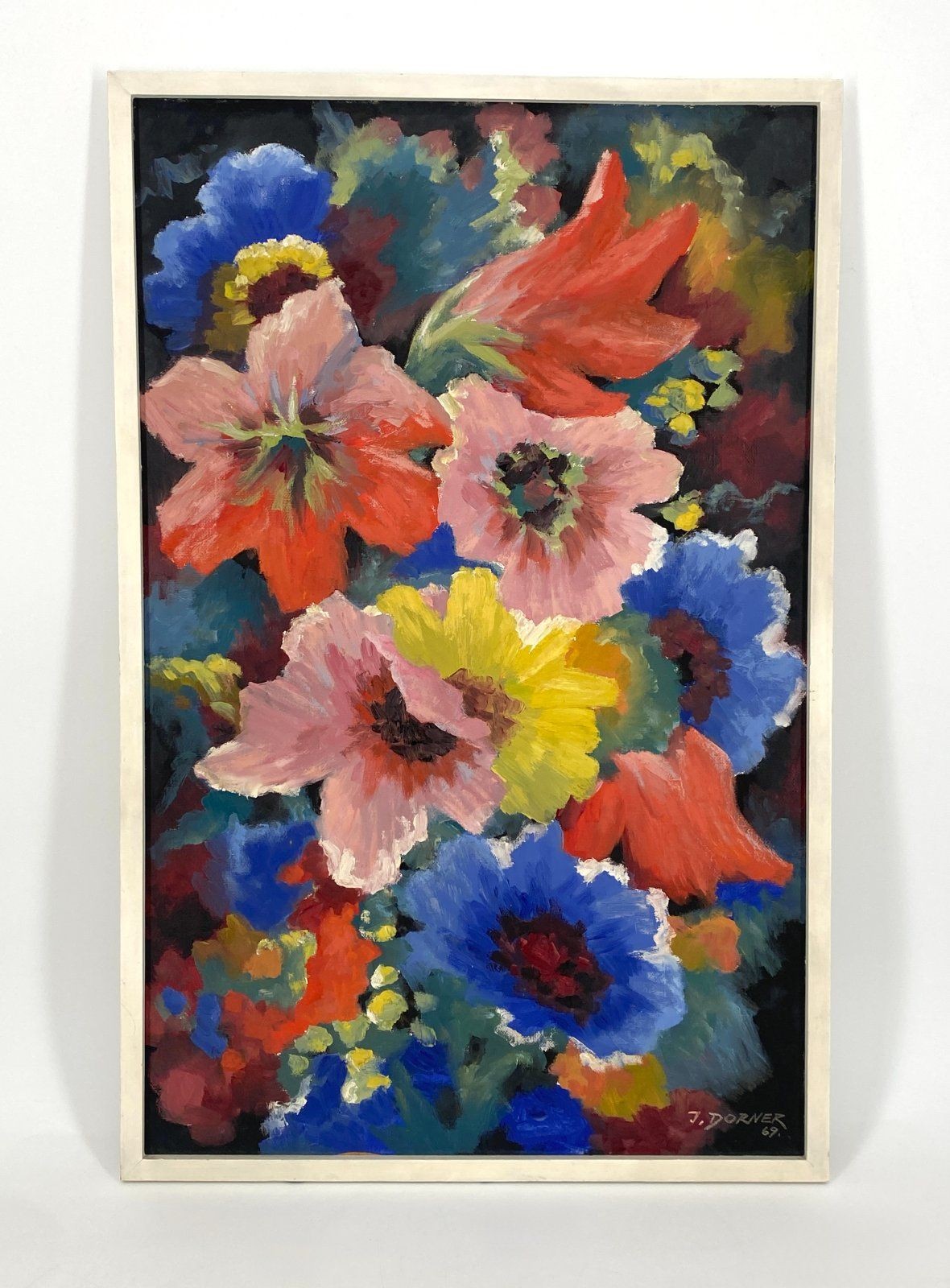 *ÖLGEMÄLDE JOSEF DORNER BLUMEN MALVEN BLÜTEN 1969 STUTTGART SIGN