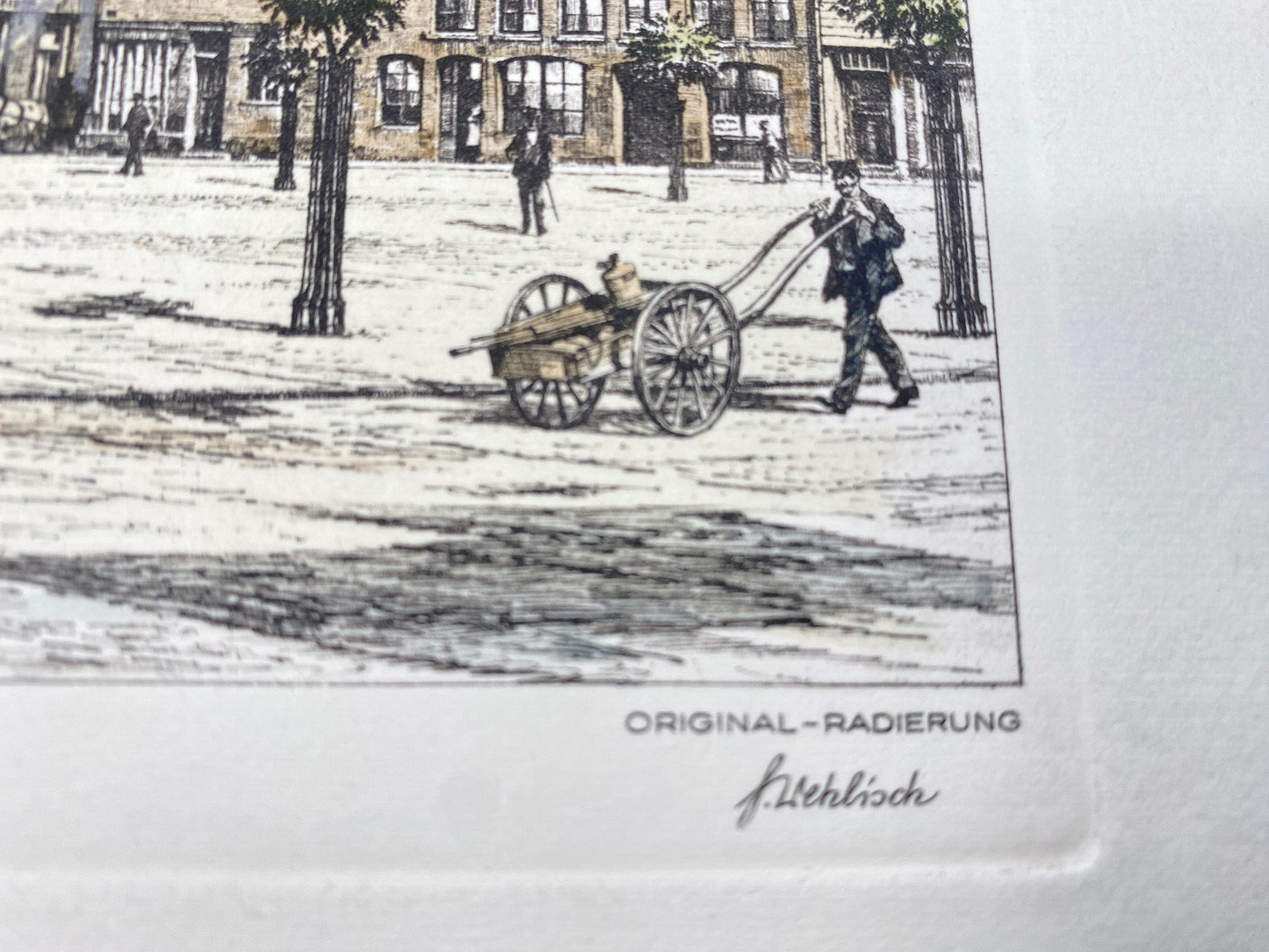 HEINZ WEHLISCH DEUTSCHER KÜNSTLER RADIERUNG COLORIERT PEINE MARKTPLATZ UM 1900