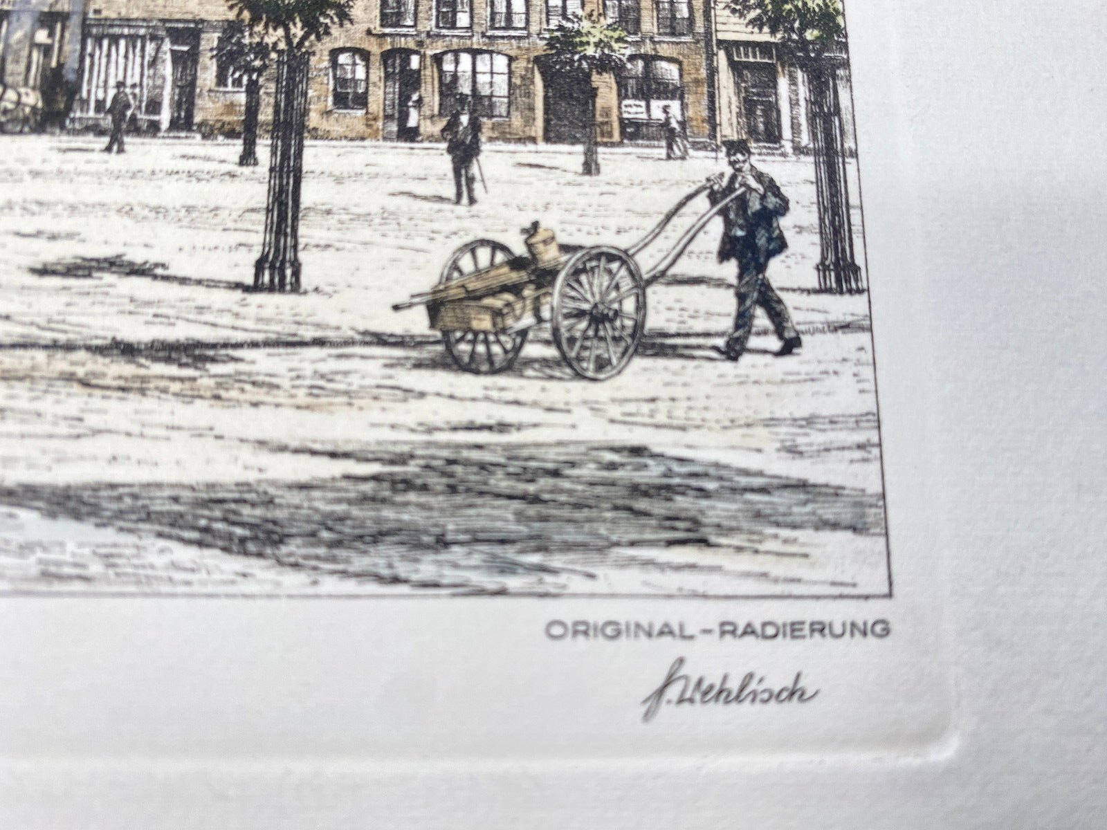 HEINZ WEHLISCH DEUTSCHER KÜNSTLER RADIERUNG COLORIERT PEINE MARKTPLATZ UM 1900
