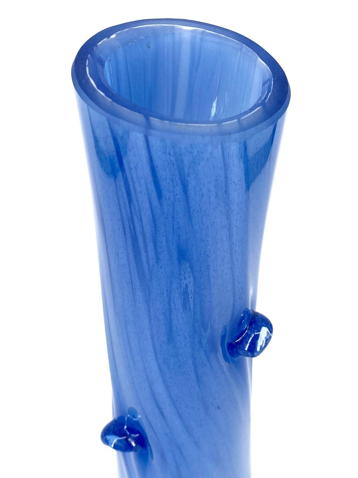 * GROßE BLAUE GLASVASE MUNDGEBLASEN J. BENCAL POLEN VINTAGE BLAU HANDARBEIT
