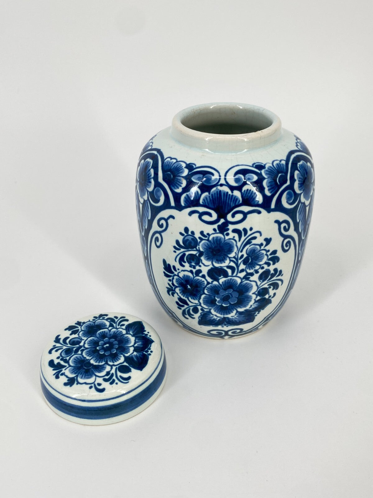 * OUD DELFT KERAMIK DECKEL DOSE VASE BLAUMALEREI BLAU WEIß BLUMEN 12CM