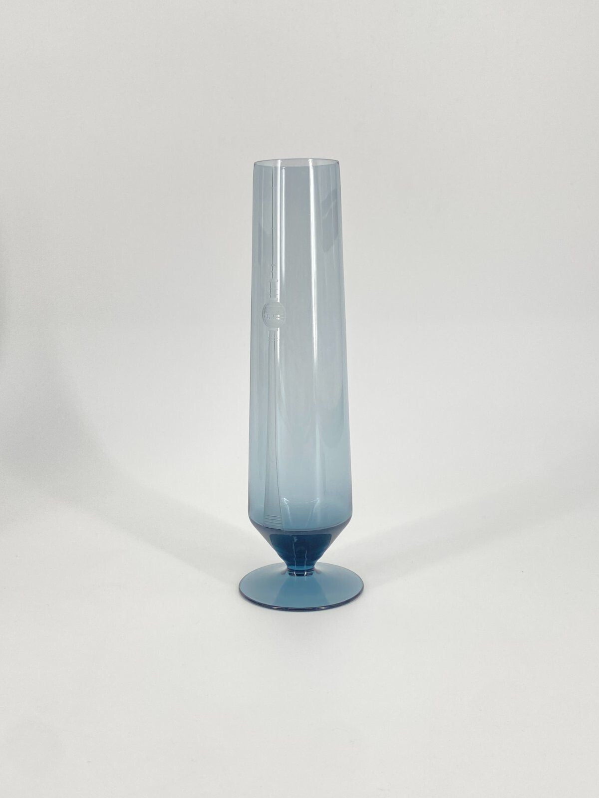 * VASE GLAS FERNSEHTURM BERLIN 1970ER BLAU RAUCH GLAS VINTAGE
