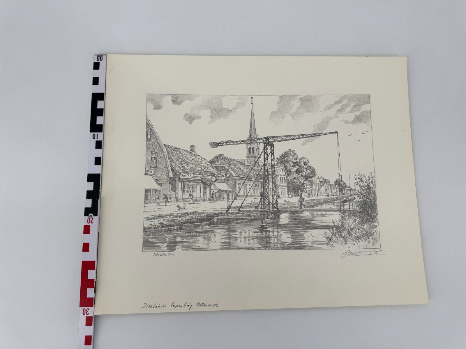 * HEINZ WEHLISCH ZEICHNUNG PAPENBURG ZUGBRÜCKE ANSICHT SIGNIERT