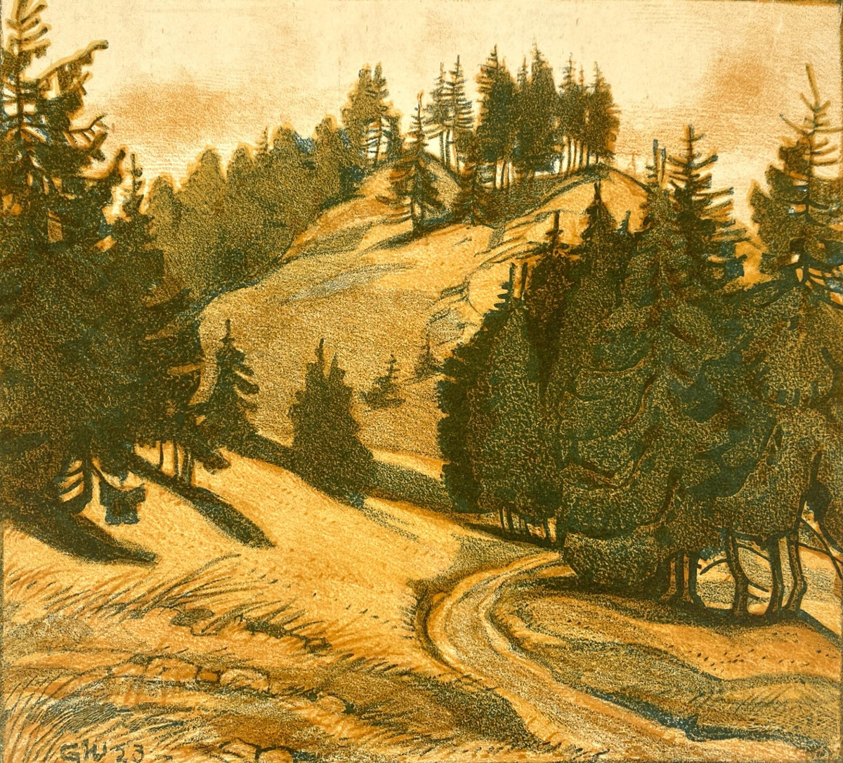 * GRAFIK LITHOGRAFIE GRETE MARGRET WOLFINGER NADELWALD FORSTWEG NADELBAUM 1923