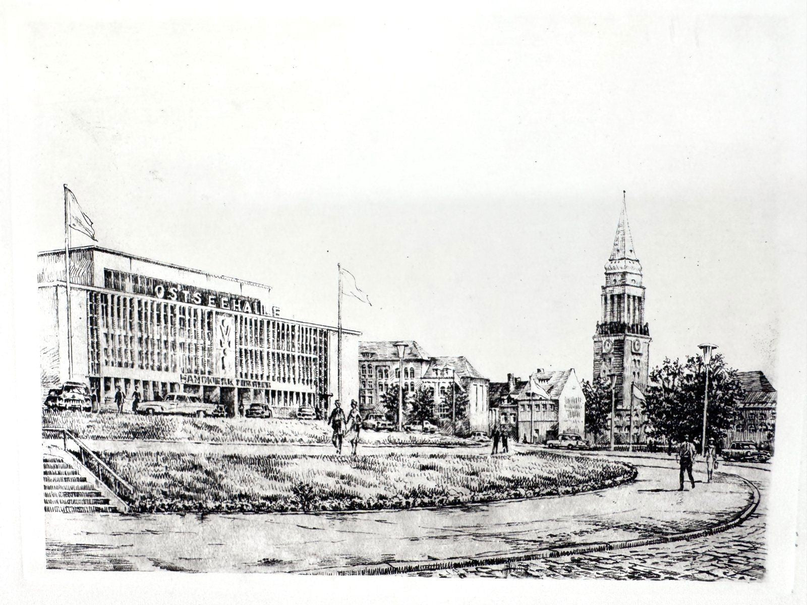 * GRAFIK DRUCKGRAFIK KIEL OSTSEEHALLE RATHAUSTURM 60ER WEHLISCH