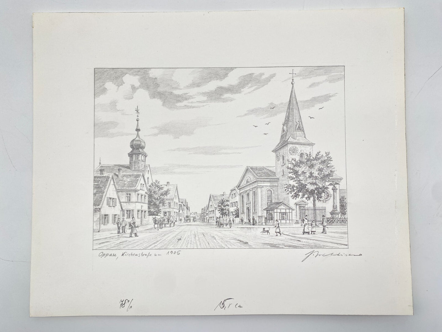 DEUTSCHER KÜNSTLER HEINZ WEHLISCH ZEICHNUNG OPPAU KIRCHENSTRAßE 1905 HANDSIGNIER