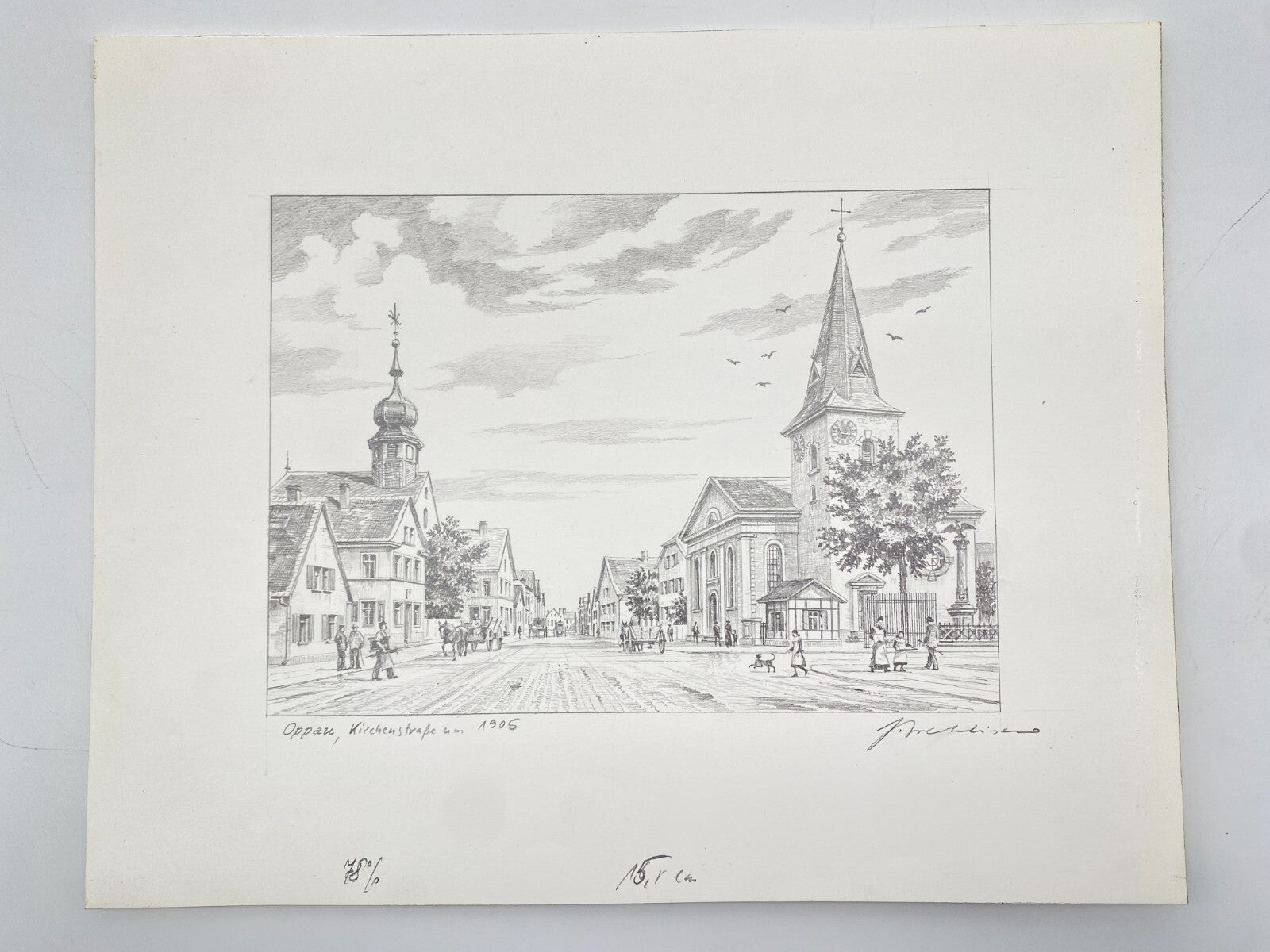 DEUTSCHER KÜNSTLER HEINZ WEHLISCH ZEICHNUNG OPPAU KIRCHENSTRAßE 1905 HANDSIGNIER