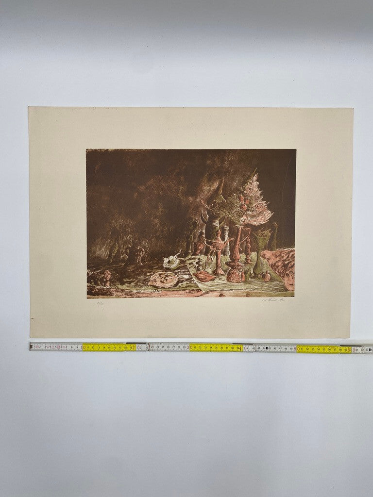 * KUNSTDRUCK ZEICHNUNG STILLEBEN ABSTRAKT VANITAS ROT GRÜN DRUCK PROBE SIGNIERT