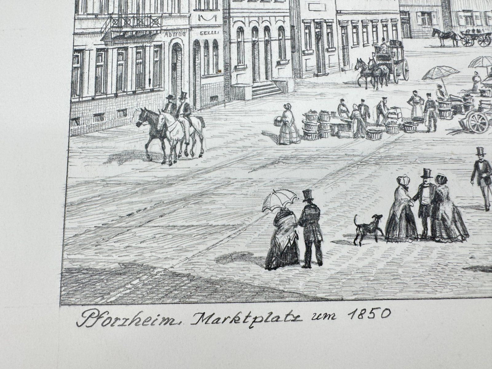 * HEINZ WEHLISCH ZEICHNUNG PFORZHEIM MARKTPLATZ 1850 ANSICHT SIGNIERT