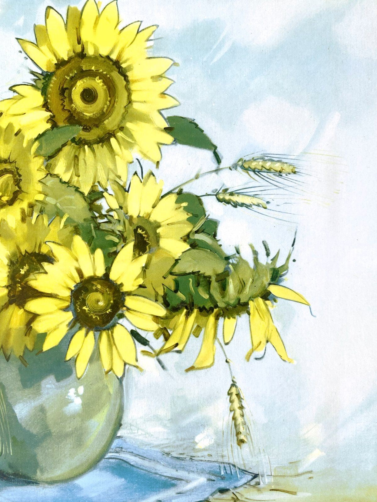 * GRAFIK OFFSET POSTER SONNENBLUMEN VASE STILLEBEN ROLF REGELE