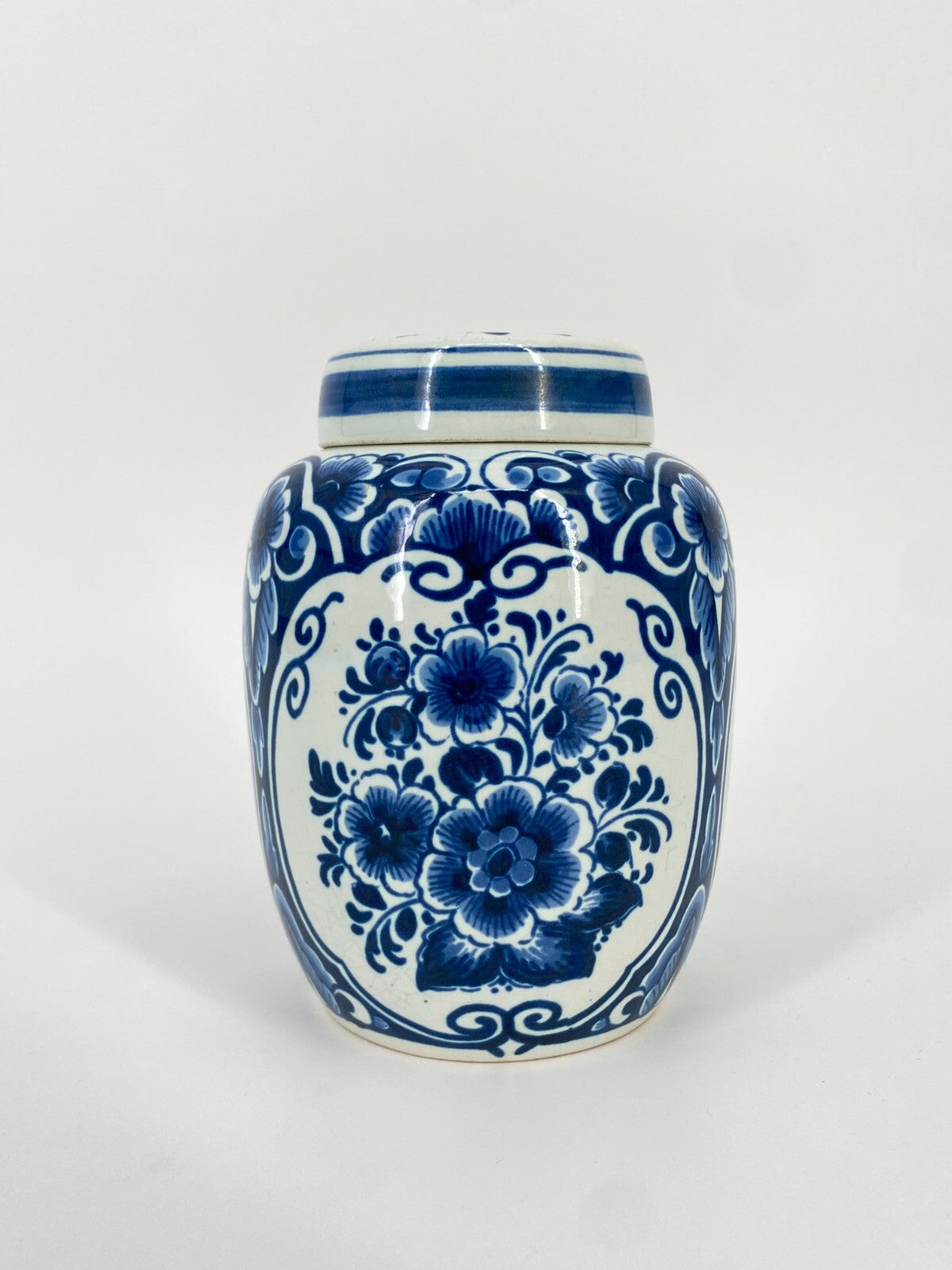 * OUD DELFT KERAMIK DECKEL DOSE VASE BLAUMALEREI BLAU WEIß BLUMEN 12CM