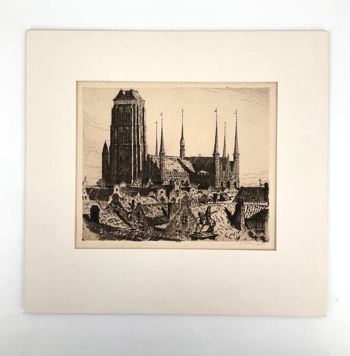 *RADIERUNG BERTHOLD HELLINGRATH DANZIG GDAŃSK MARIENKIRCHE SIGNIERT STADTANSICHT