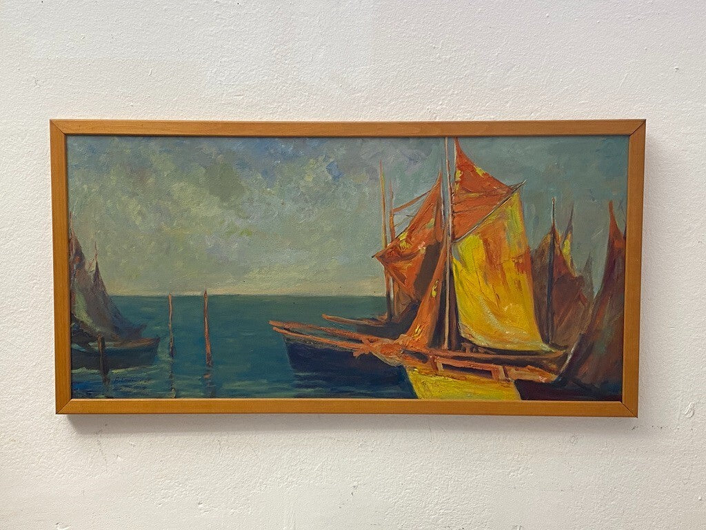 * ÖLGEMÄLDE GEMÄLDE AUGUST ENDRUSCHAT SEGELBOOT HAFEN MEER VINTAGE SIGNIERT