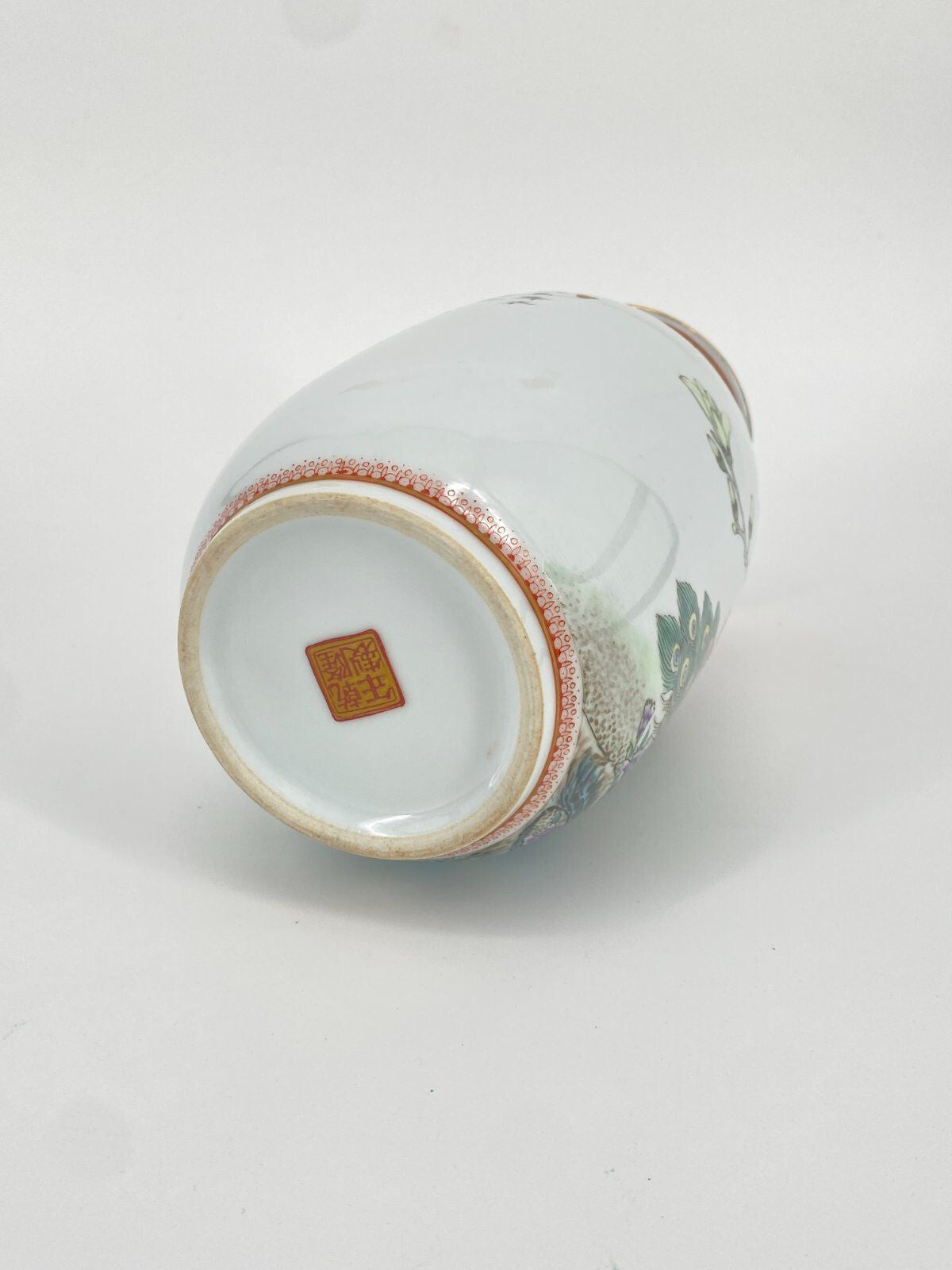 * VASE PORZELLAN CHINA GEDICHT PFAUEN VÖGEL BLUMEN VINTAGE