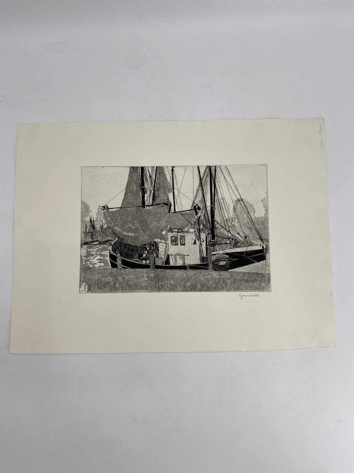 * HERBERT GRUNWALDT 1968 RADIERUNG ORIGINAL KRABBEN FISCHERBOOTE HAFEN SIGNIERT