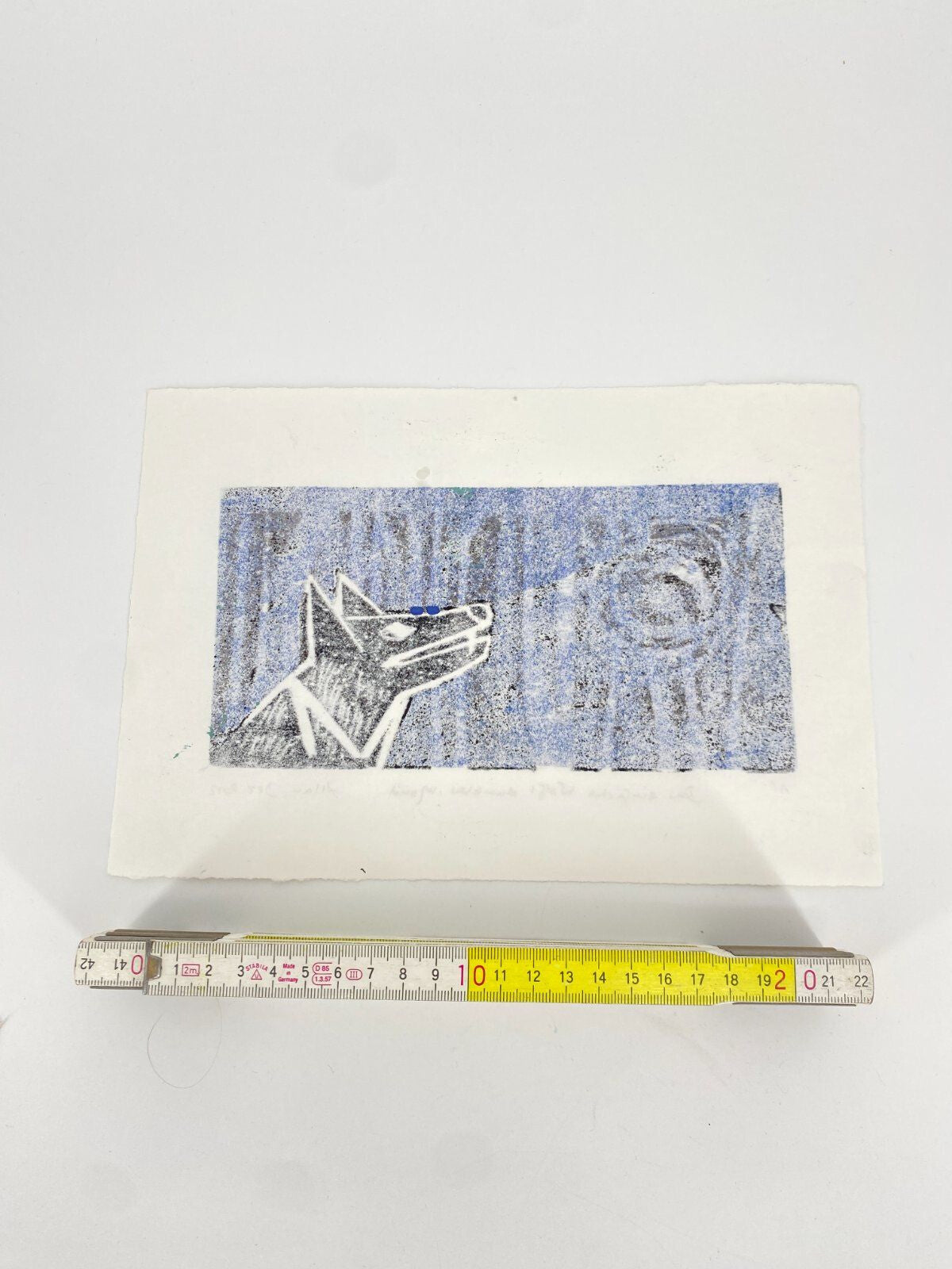 * HOLZSCHNITT FARBIG WOLF MOND BLAU WEIß ALLAN TUSCHE TINTE