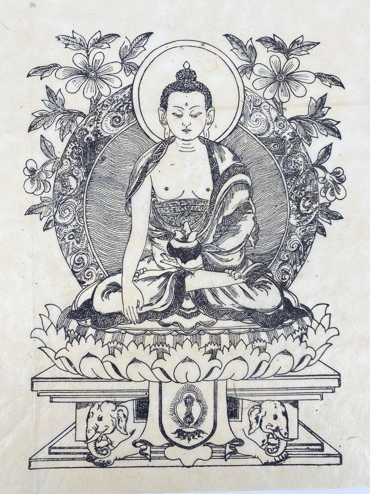 * HOLZSCHNITT BUDDHA ASIEN GRAFIK DRUCK TIBET DHARMACHAKRA MUDRA