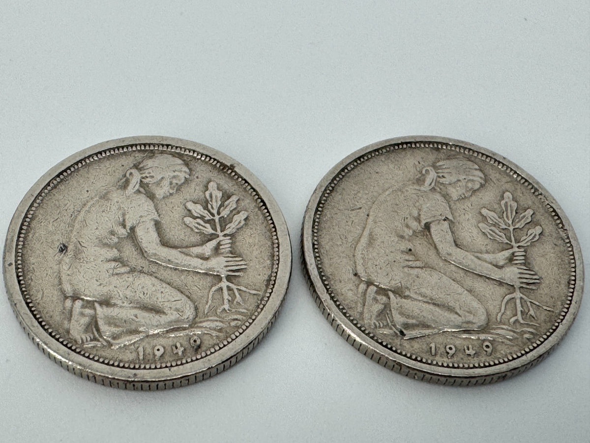 2x 50 PFENNIG MÜNZEN BANK DEUTSCHER LÄNDER SELTEN PRÄGESTÄTTE  D G 1949