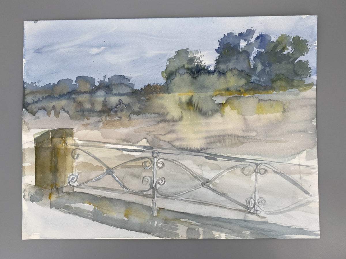 *AQUARELLGEMÄLDE LANDSCHAFT MIT BRÜCKENGELÄNDER FLUSS SIGRID HANNSE UNIKAT 90ER