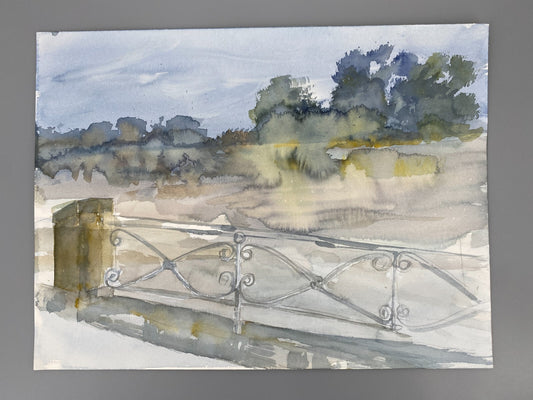*AQUARELLGEMÄLDE LANDSCHAFT MIT BRÜCKENGELÄNDER FLUSS SIGRID HANNSE UNIKAT 90ER