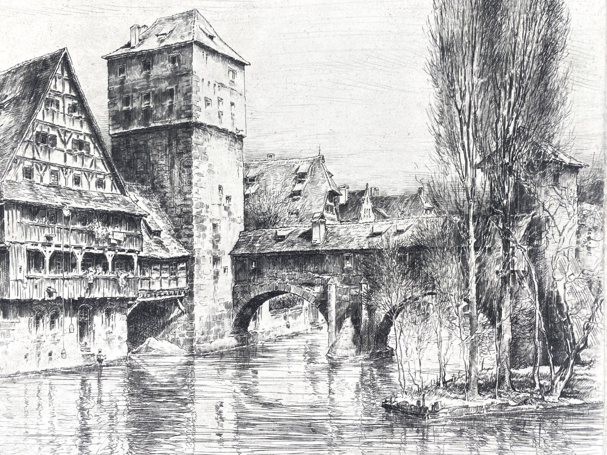 *RADIERUNG PAUL GEISSLER STADTANSICHT NÜRNBERG HENKERBRÜCKE 1920 SIGNIERT VINTAG