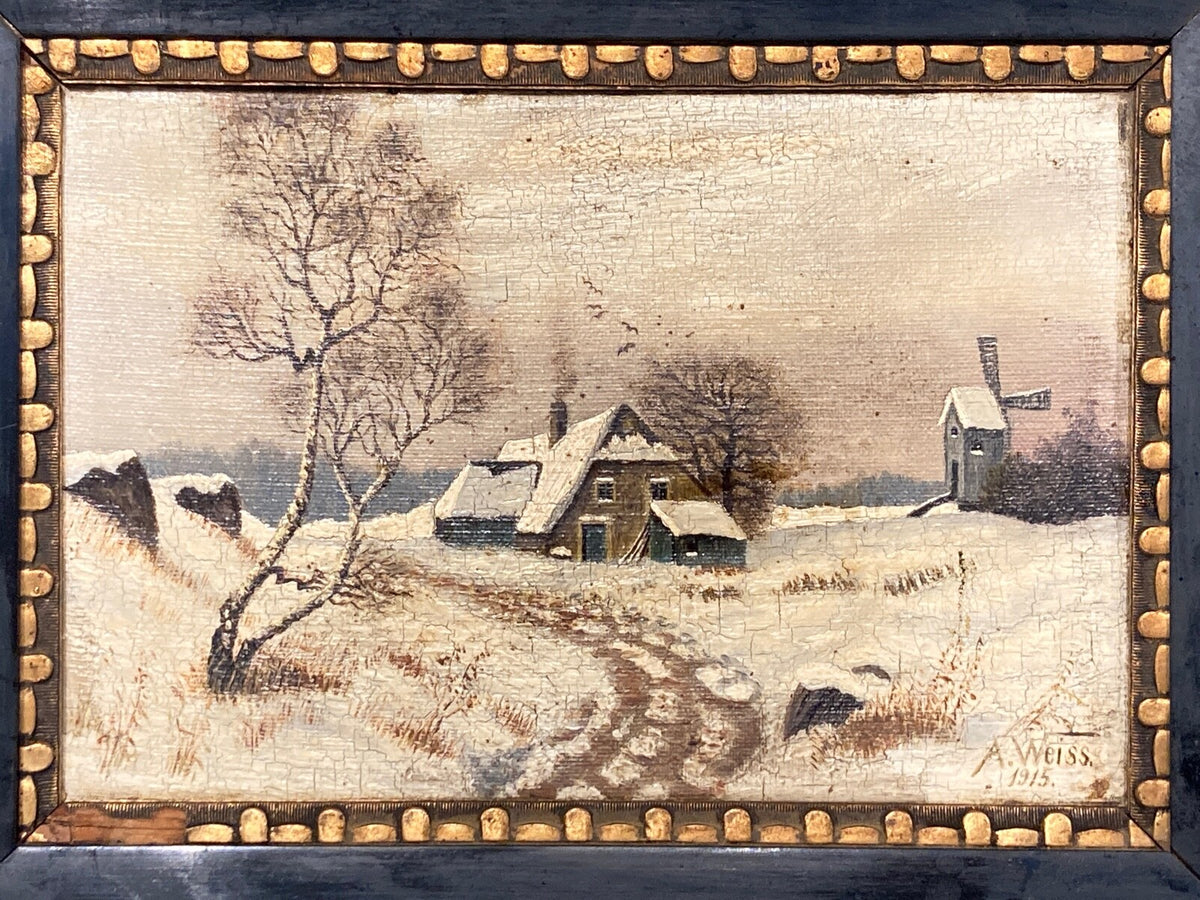 GEMÄLDE ÖL LEINWAND WINTERLANDSCHAFT A.WEISS 1915 MINIATUR MÜHLE