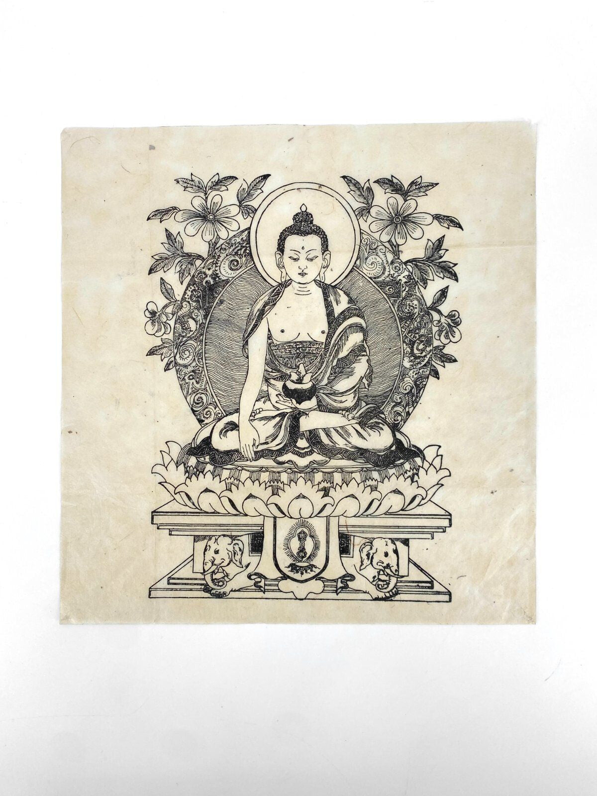 * HOLZSCHNITT BUDDHA ASIEN GRAFIK DRUCK TIBET DHARMACHAKRA MUDRA