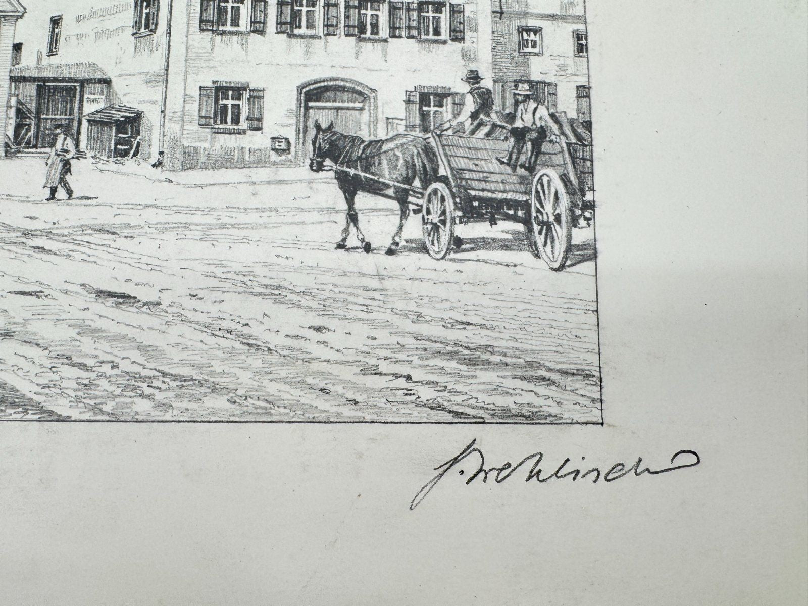 * HEINZ WEHLISCH ZEICHNUNG HOLLFELD OBERER MARKT MIT RATHAUS