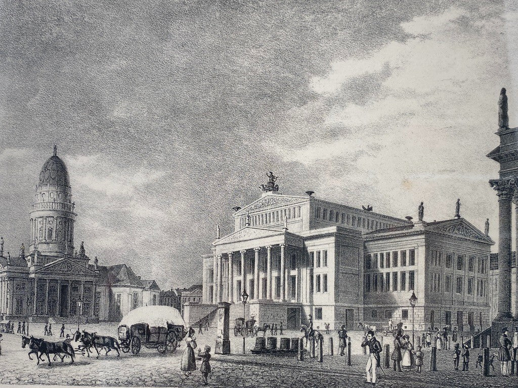 * ORIGINAL LITHOGRAFIE 1840 GENDARMENMARKT DOM SCHAUSPIELHAUS BERLIN ANTIK