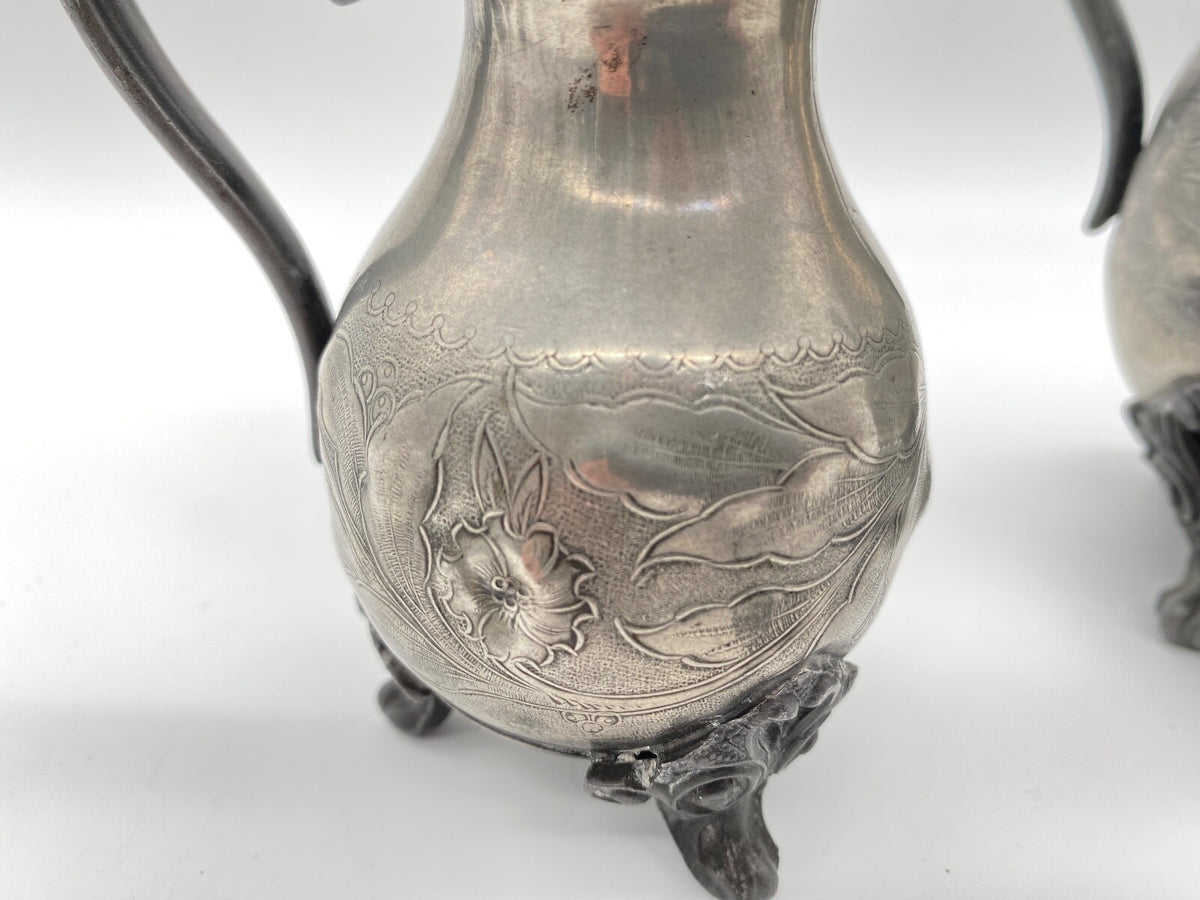 ANTIKES ZINN KAFFEE MOKKA TEEGESCHIRR ENGLAND 1900 JAHRHUNDERT BLUMENMUSTER