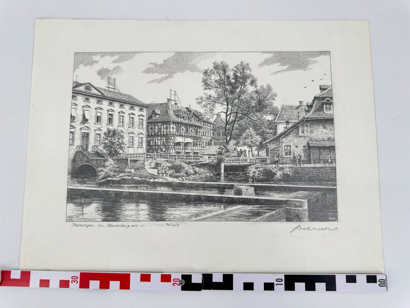 * HEINZ WEHLISCH ZEICHNUNG MEININGEN WASSERBURG MÜHLE ANSICHT