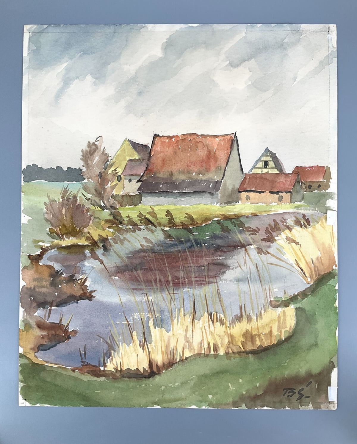 *GEMÄLDE TEICH MIT HÄUSER ZWEISEITIG BERG AQUARELL SIGNIERT PASTELLFARBE UNIKAT