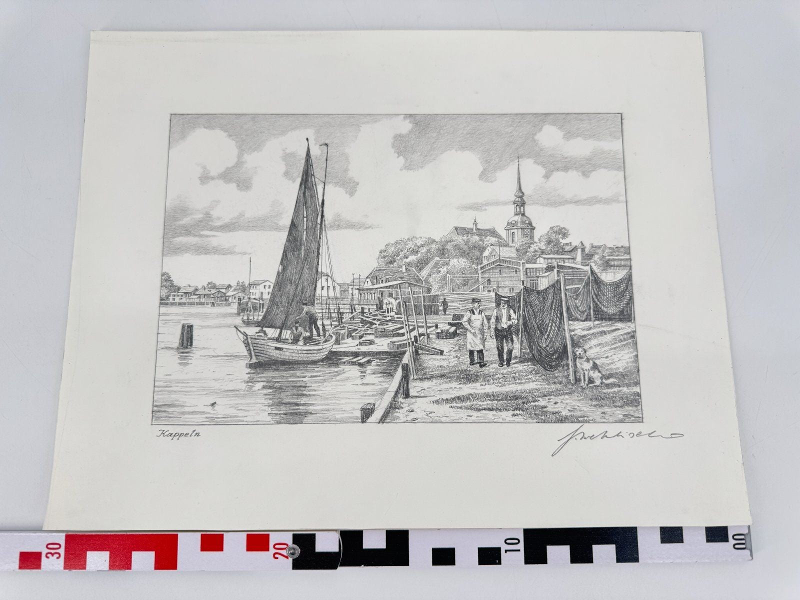 * HEINZ WEHLISCH ZEICHNUNG KAPPELN ANSICHT SIGNIERT HAFEN