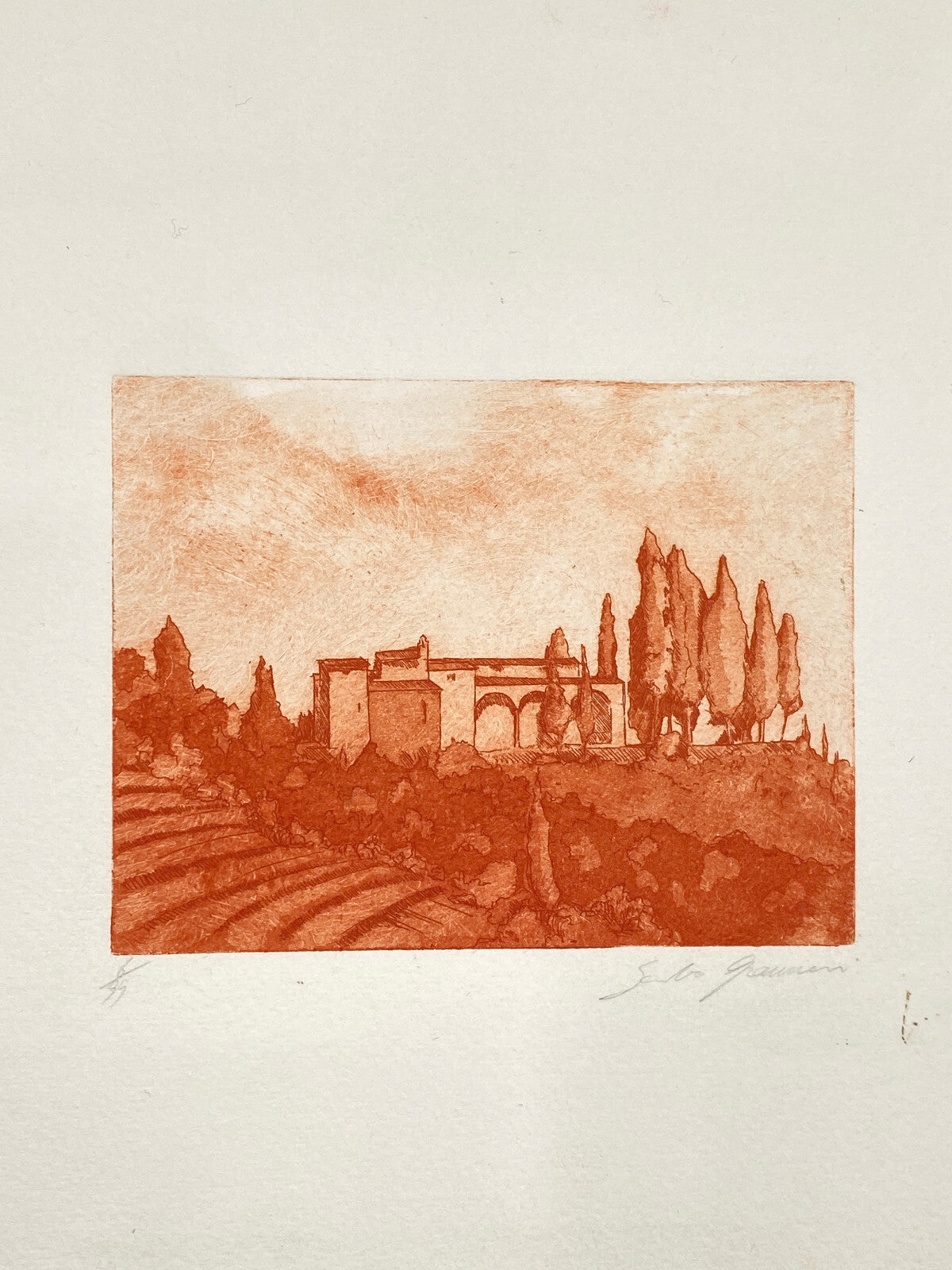 * RADIERUNG KUPFERSTICH ROT KUPFER TOSKANA MEDITERRANE LANDSCHAFT SIGNIERT