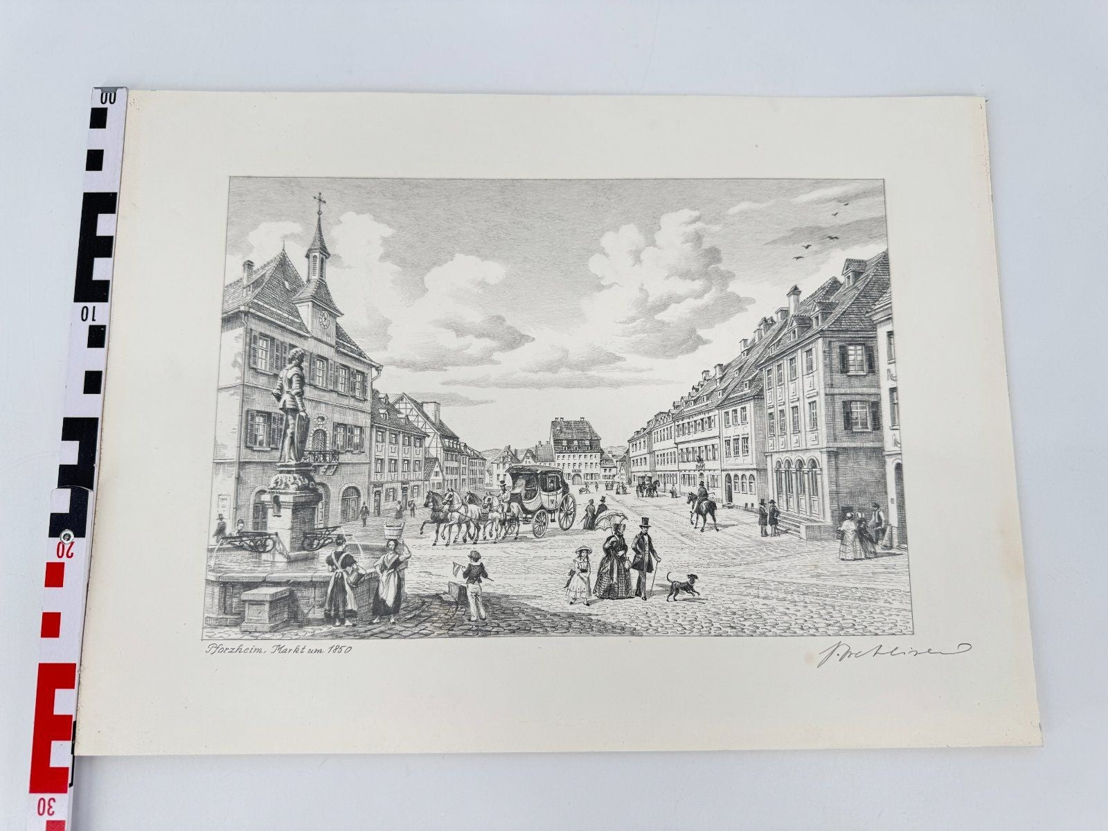 * HEINZ WEHLISCH ZEICHNUNG PFORZHEIM MARKT UM 1850 ANSICHT SIGNIERT