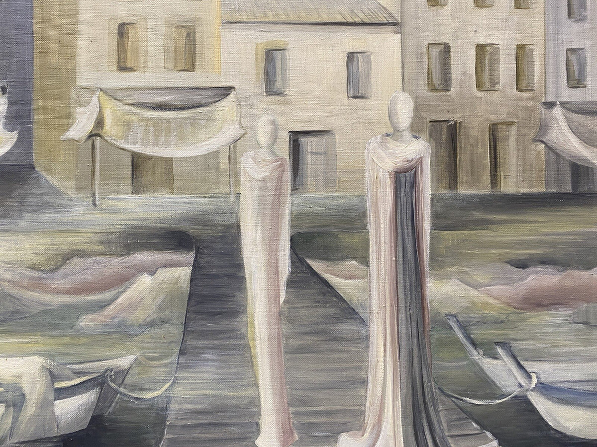 * GEMÄLDE ACRYLGEMÄLDE M.P. MINDVON / MIDNERON 1971 PASTELL HAFEN STEG