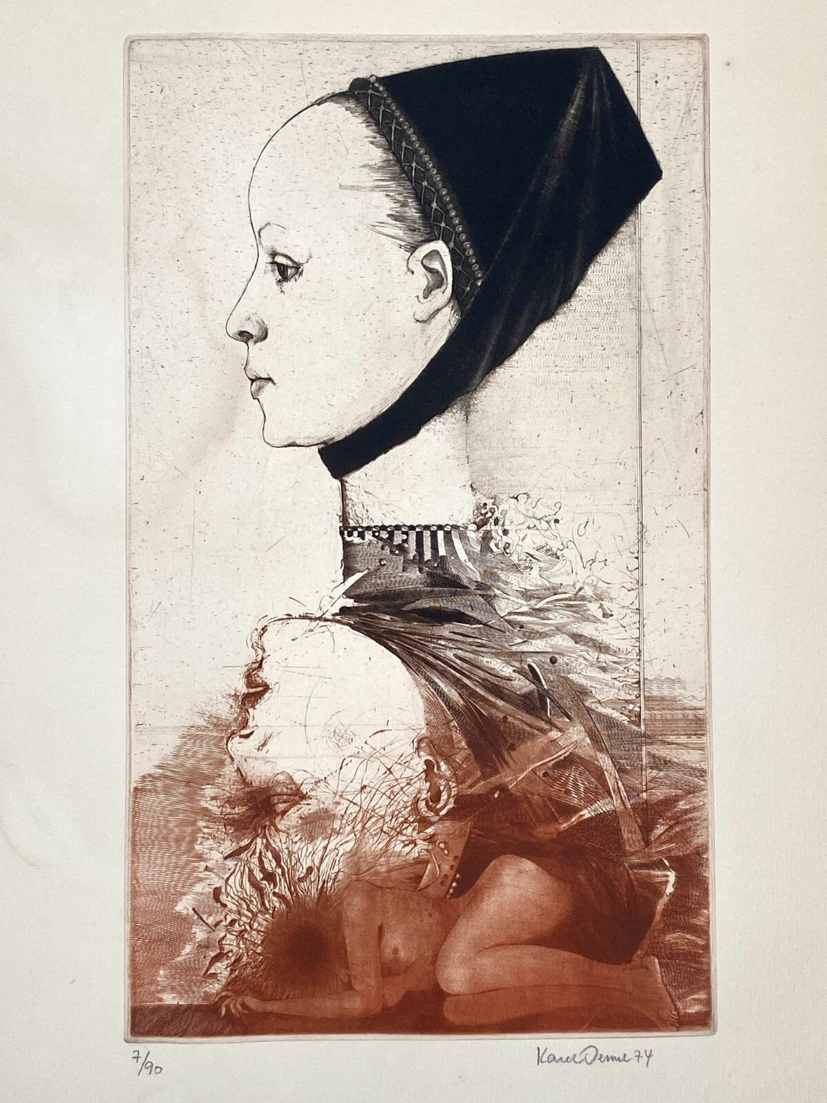 *RADIERUNG KAREL DEMEL LOUISE LABÉ PORTRÄT SIGNIERT 1974 7/90 VINTAGE FARBIG