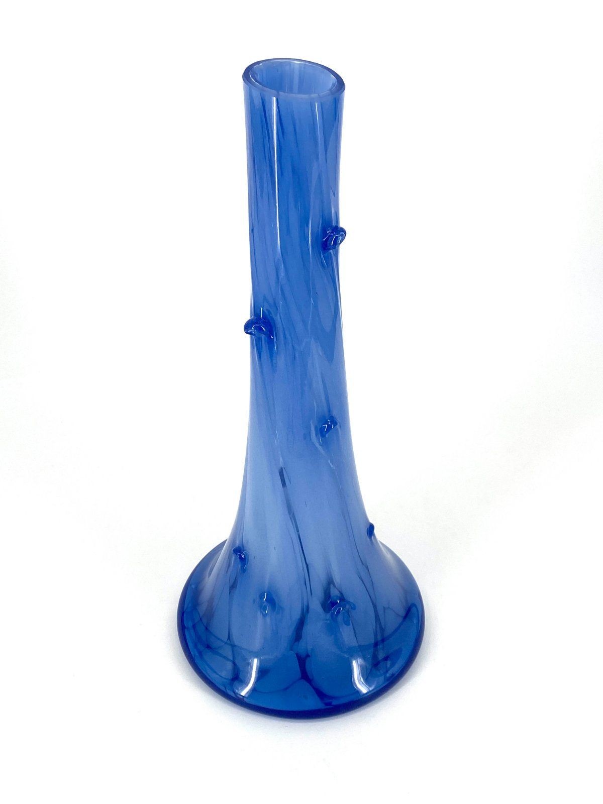 * GROßE BLAUE GLASVASE MUNDGEBLASEN J. BENCAL POLEN VINTAGE BLAU HANDARBEIT