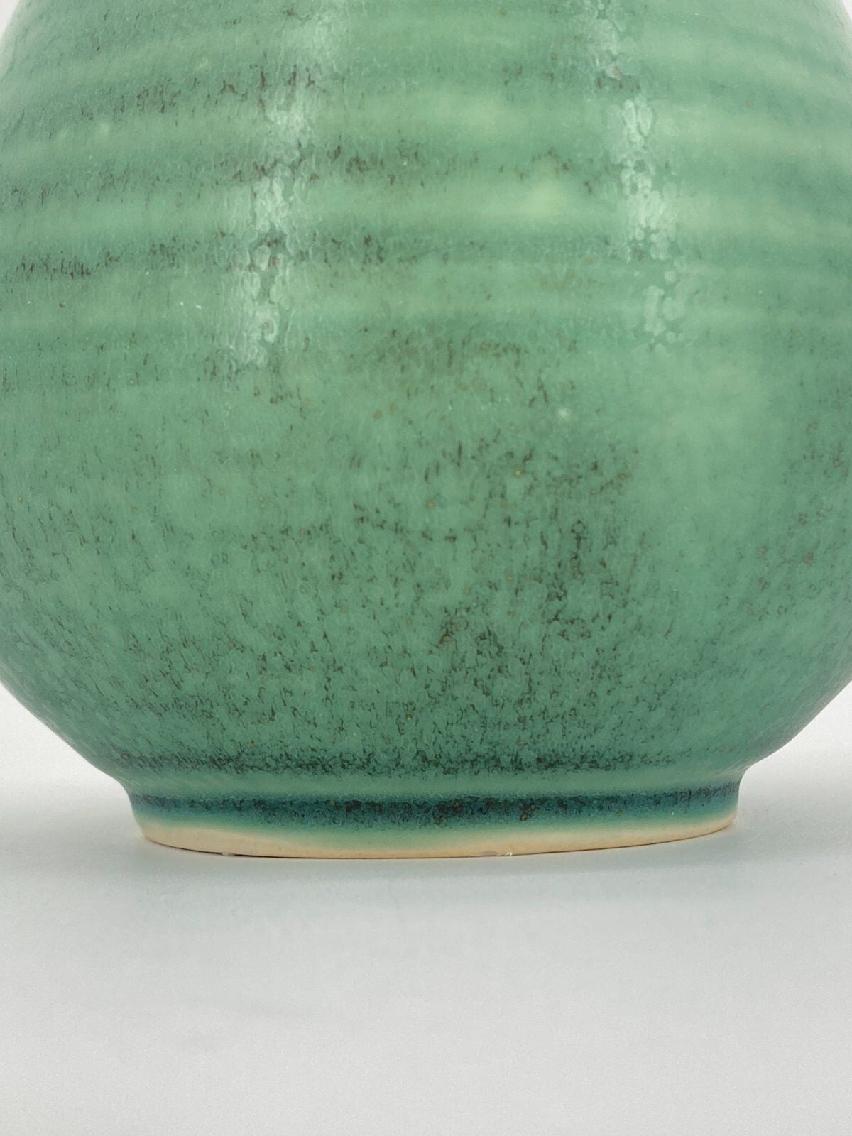 * STUDIOKERAMIK VASE RUND OVAL JADE GRÜN MARMORIERT RINGE VINTAGE