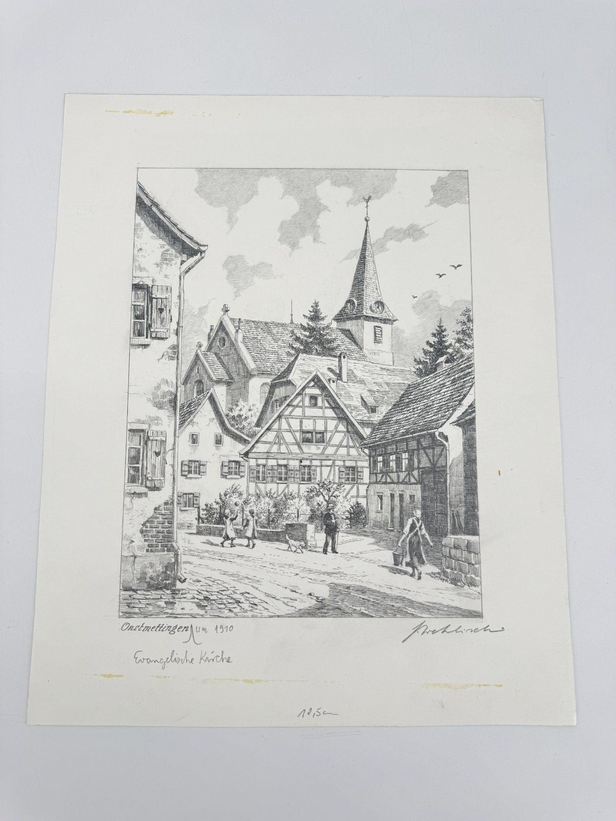 * HEINZ WEHLISCH ZEICHNUNG ONSTMETTINGEN KIRCHE 1910 ANSICHT SIGN