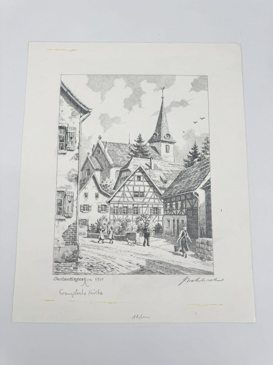 * HEINZ WEHLISCH ZEICHNUNG ONSTMETTINGEN KIRCHE 1910 ANSICHT SIGN