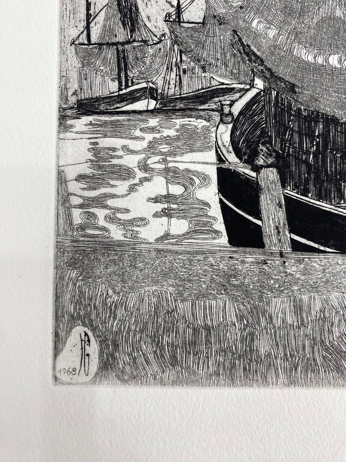 * HERBERT GRUNWALDT 1968 RADIERUNG ORIGINAL KRABBEN FISCHERBOOTE HAFEN SIGNIERT