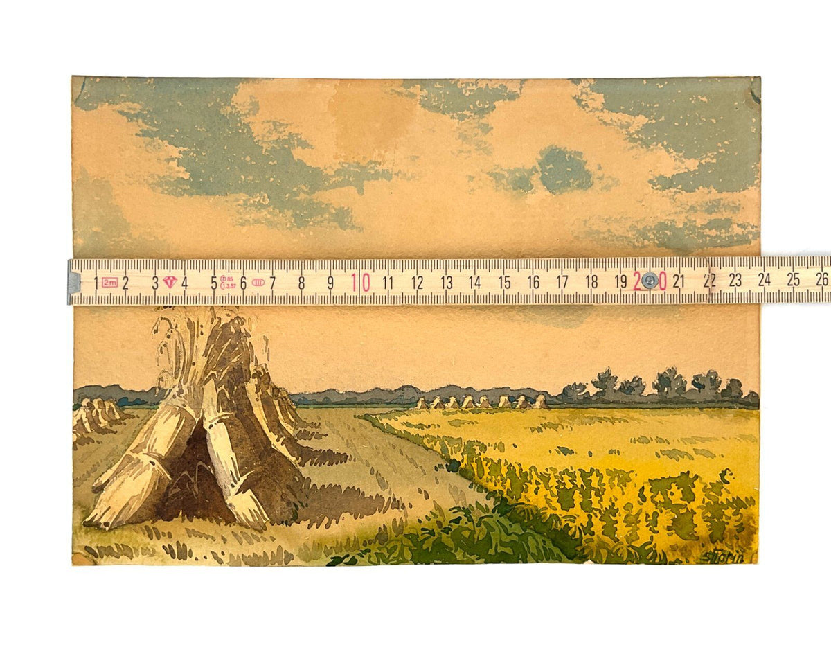 *GEMÄLDE LANDSCHAFTSANSICHT NACH GETREIDEERNTE HEUHAUFEN UNIKAT