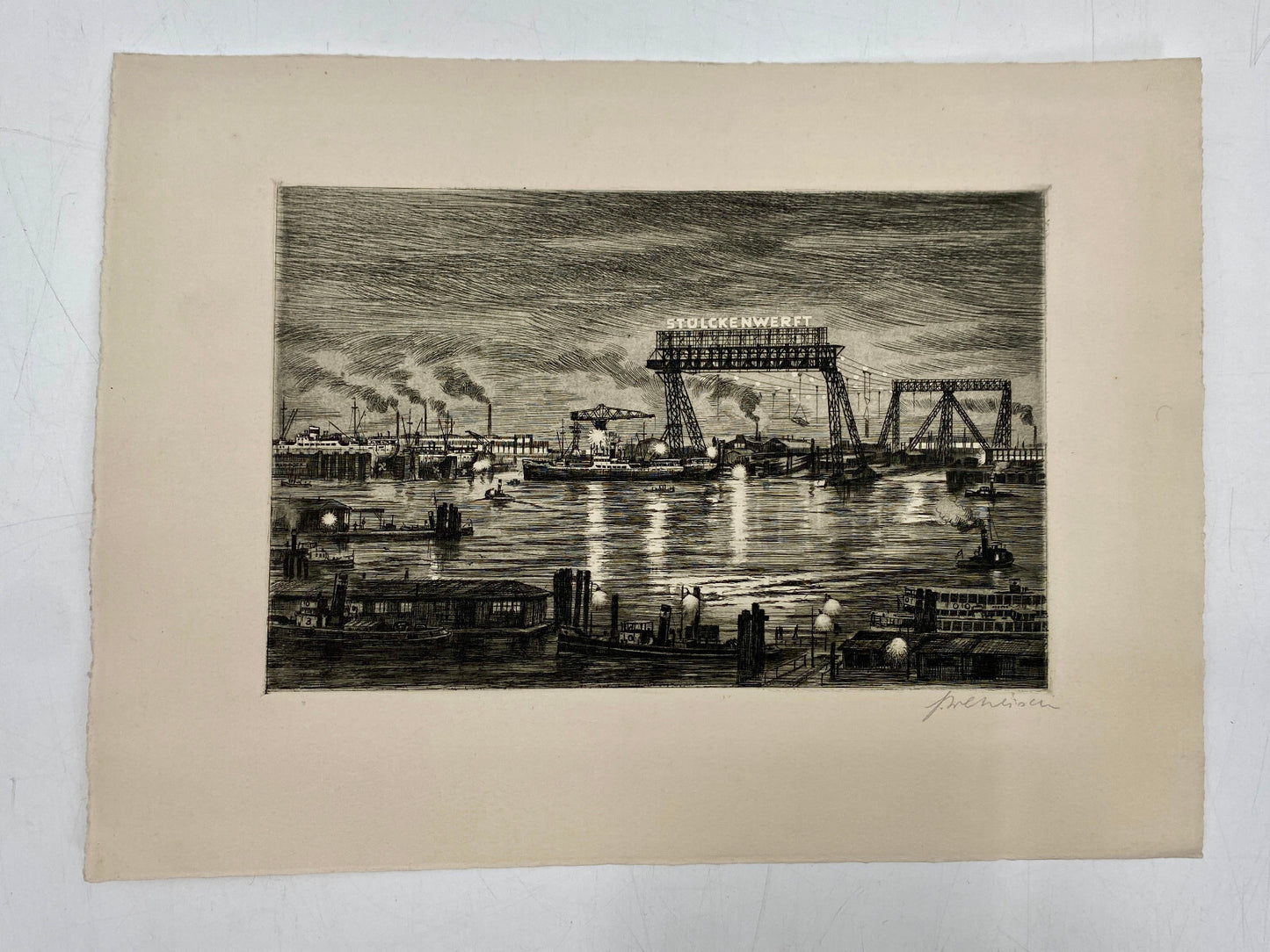 * RADIERUNG HAMBURG HAFEN BEI NACHT STÜLCKENWERFT HEINZ WEHLISCH um 1960