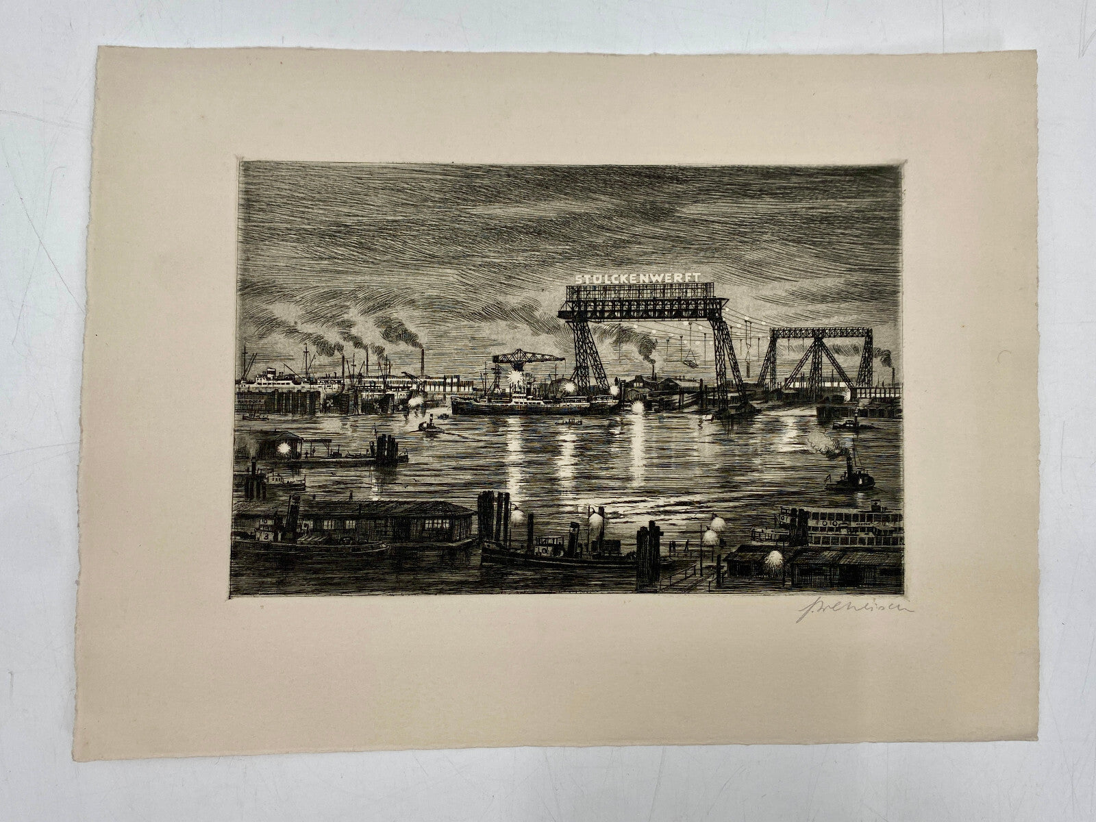 * RADIERUNG HAMBURG HAFEN BEI NACHT STÜLCKENWERFT HEINZ WEHLISCH um 1960
