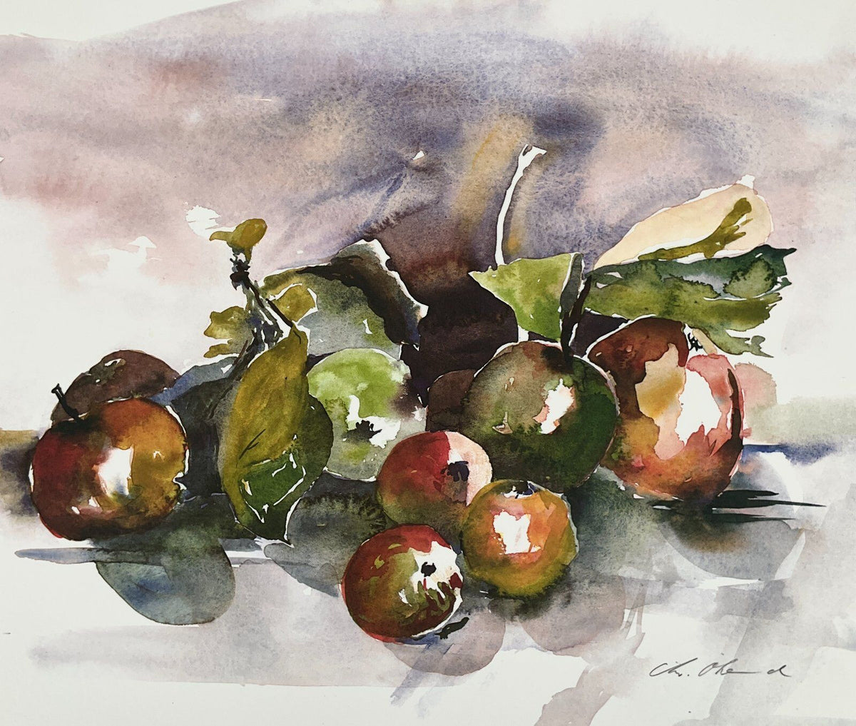 *KUNSTDRUCK ÄPFEL CHRISTA OHLAND STILLEBEN AQUARELL BAYERN MÜNCHEN BÜTTENPAPIER