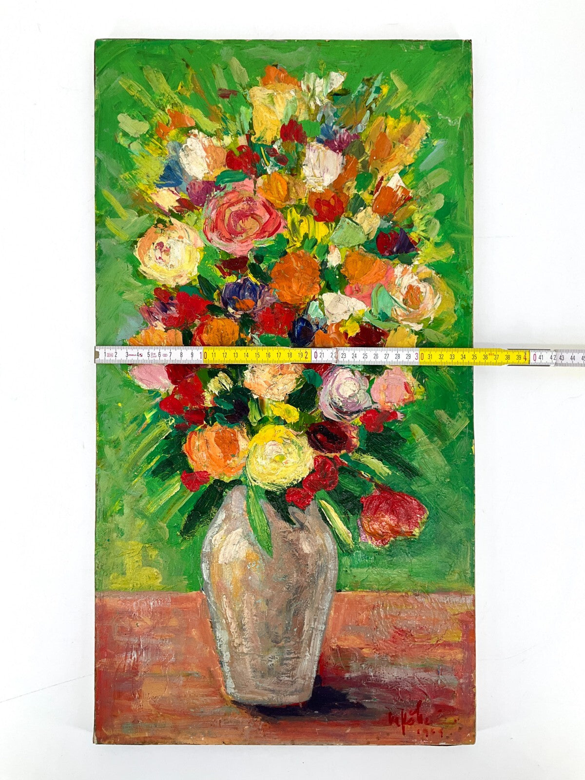 *ÖLGEMÄLDE BLUMENSTRAUß IN VASE STILLEBEN 1969 SIGNIERT MALEREI VINTAGE LEBHAFT
