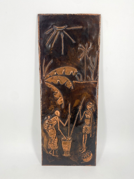 * RELIEF KUPFER AFRIKA WANDRELIEF HANDARBEIT GETREIDE STAMPFEN GROß KUNST