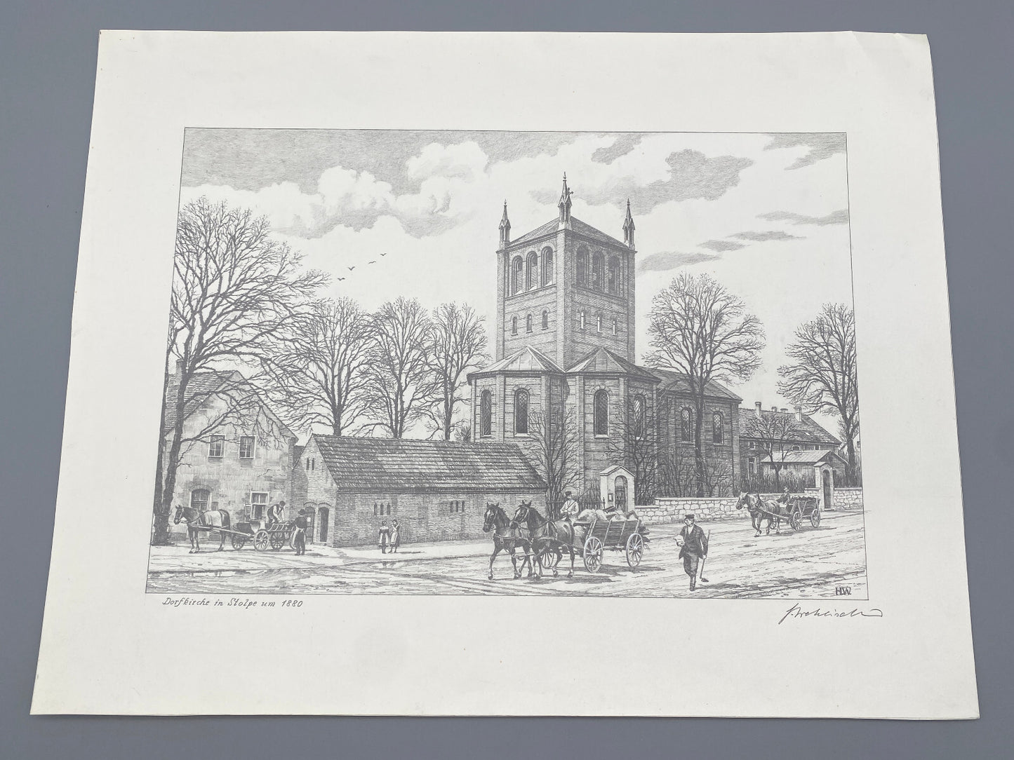 DEUTSCHER KÜNSTLER HEINZ WEHLISCH ZEICHNUNG DORFKIRCHE IN STOLPE  1880 SIGNIERT